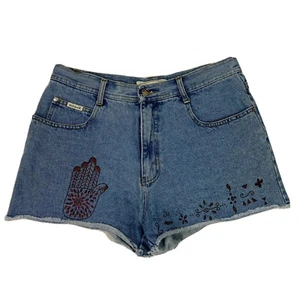 Zana Di Womens 11 Jean Shorts Frayed Boho Buddha Palm Flowers Festival 32" y2K - Picture 1 of 10