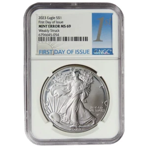 2023 $1 American Silver Eagle NGC MS69 FDI Mint Error Weakly Struck - Picture 1 of 3