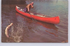 Good Catch, Fisherman, Red Canoe, Somewhere, USA, Vintage 1976 Chrome Postcard - Picture 1 of 2