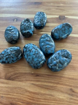 Lot  Of 8 VIntage Old Stock Huge Chunky Black Blue Spot Art Glass LAMPWORK Beads - Image 1 of 3