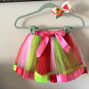 Layered Red/Pink Lime Green Ballet Dance Costume Ruffled Tiered Tutu w/ Bow - Picture 1 of 5
