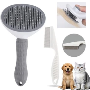 Self-Cleaning Slicker Brush + Flea Comb For Dogs Cats Removes Loose Tangled Hair - Picture 1 of 9