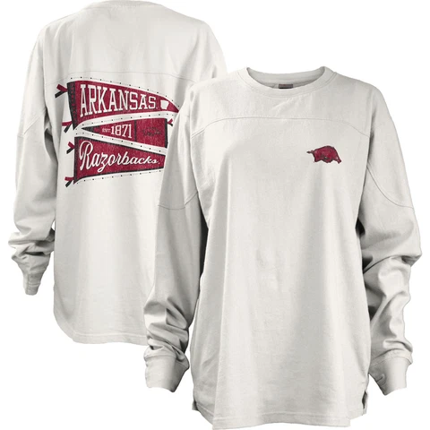 Women's Pressbox White Arkansas Razorbacks Pennant Stack Oversized Long Sleeve Cover