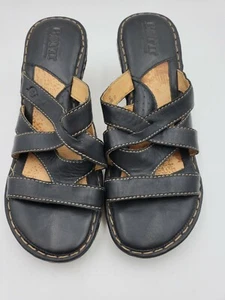 BORN Handcrafted Footwear Sz 10 Stylish Wedge Sandals Black Leather Criss-Cross - Picture 1 of 8