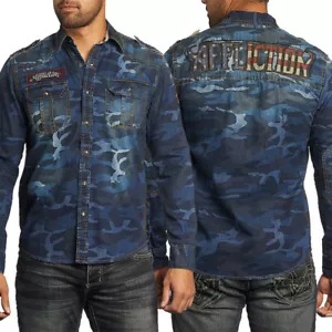 Affliction Vertigo Spin 110WV388 blau tarnfarben Militärflagge Herren LS Kleid Shirt NEU - Bild 1 von 6