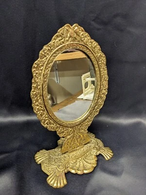 Espelho de vaidade inclinável vintage ornamentado latão maciço - Design francês com pavões - Imagem 1 de 4