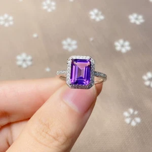 2CT Emerald Cut Amethyst Ring 925 Sterling Silver, Purple Amethyst Ring 7x9mm - Picture 1 of 6