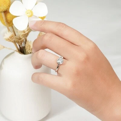 1Ct Round Cut Moissanite 14k White Gold Plated 925 Bezel Solitaire Wedding Ring - Image 1 of 4