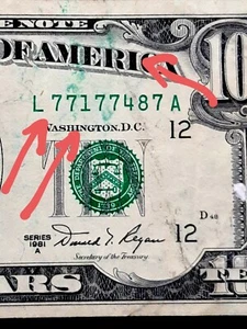 VINTAGE $10 ERROR INK SMEAR FANCY LUCKY SEVEN SERIAL NUMBER 77177487 FIVE 7S - Picture 1 of 4
