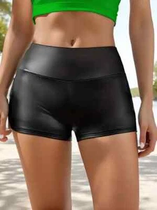 Women's Sexy Skinny Leather Solid Black Biker Shorts Gothic Metal Curvy Stretch - Picture 1 of 5