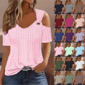 Summer Ladies Cold Shoulder Short Sleeve Tee Shirts Casual Tops Blouse Plus Size - Picture 1 of 43