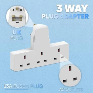 3 Way Plug Adapter UK Surge Protected Triple Adapter Plug Extension Socket 13A - Picture 1 of 11