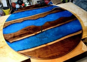 Round Blue Epoxy Resin Tabletop | Ocean Wave Design | Handmade Coastal Furniture - Picture 1 of 1