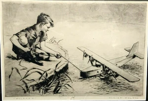 c.1940s CLIPPER Beautiful Drypoint Etching CLAIRE WAYMAN Boeing 314 Pan American - Picture 1 of 9