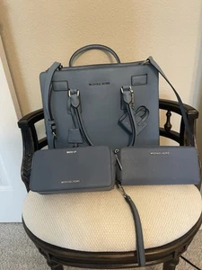 MICHAEL KORS DILLON SKY BLUE LEATHER SATCHEL, CHARM, MAKEUP BAG AND WALLET - Picture 1 of 7