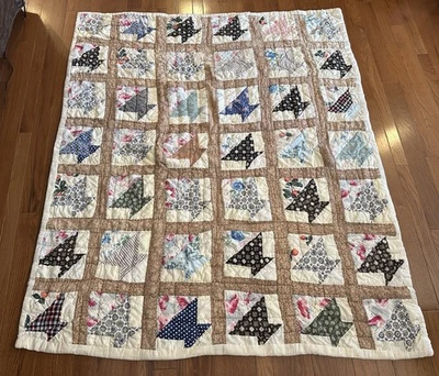 Vintage Basket Pattern Quilt 57x66 Hand Pieced Worn Stained Cutter Quilt READ - Image 1 of 4