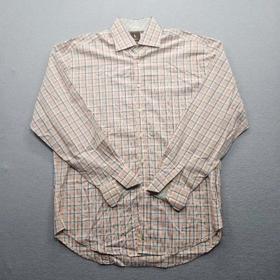 Tailorbyrd Men's Large Peach White Blue Checkered Long Sleeve Button Down - Image 1 of 4
