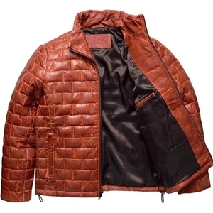 New Men's Antique Brown Real Leather Jacket Puffer Quilted Lambskin Jacket - Picture 1 of 4