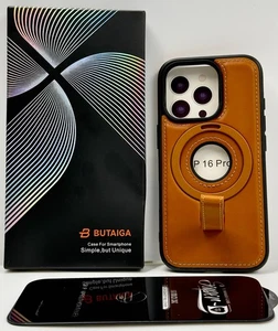 iPhone 16 Pro Case Leather BUTAIGA  Capture Loop Magnetic Stand Screen Protector - Picture 1 of 5