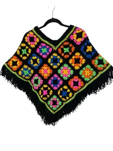 Vintage Handmade Granny Square Poncho Fransen One Size Neon Mehrfarbig - Bild 1 von 9