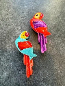 Broschen Anstecknadeln 2er Set Kunststoff handbemalt Papageien Aras Vintage Resort Wear - Bild 1 von 14