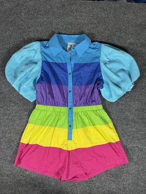 Queen of Sparkles Romper Womens Large Rainbow Sequin Stripe Puff Sleeve Outfit - Image 1 of 4