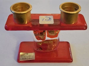 Glass Of Venice Red And Gold Tone Murano Glass Shabbat Candle Holder With Labels - Picture 1 of 8