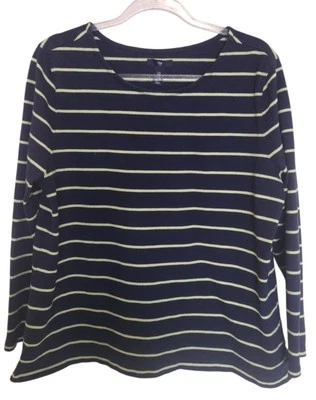Gap Топ женщин XL темно-синий неоновые зеленые полоски круглый вырез длинные рукава вязаный хлопок - Изображение 1 из 4