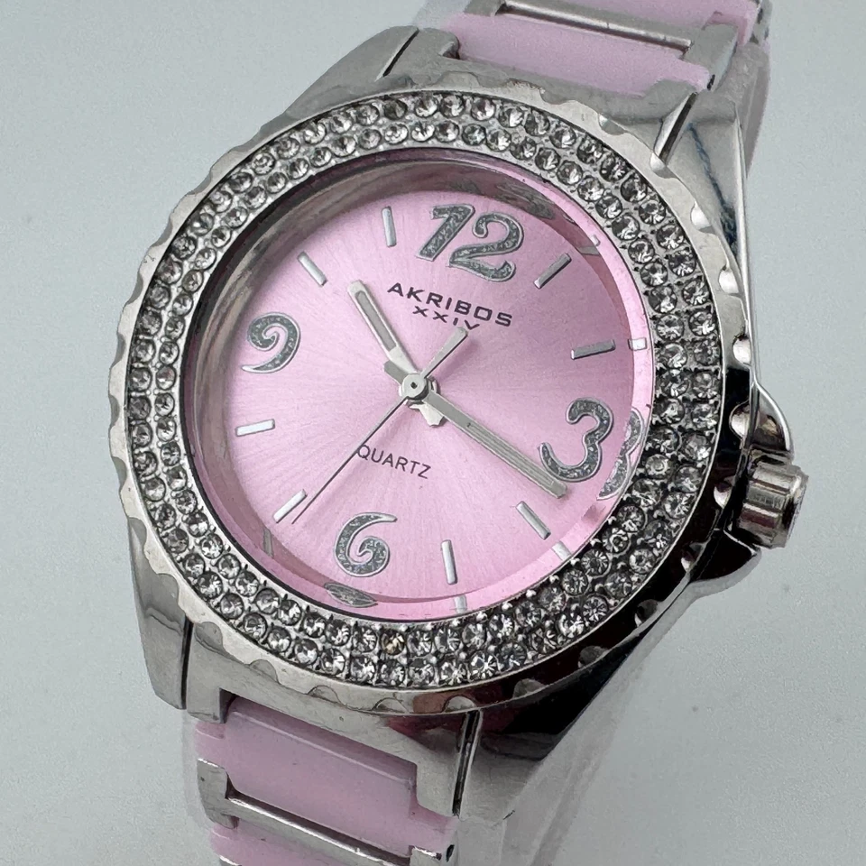 Akribos relógio de quartzo feminino prata rosa cerâmica strass analógico nova bateria - Imagem 1 de 4