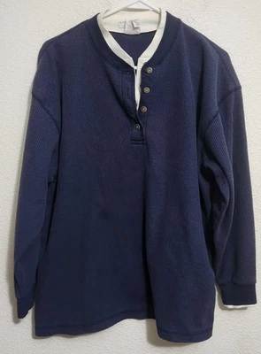 Cherokee 男式大号 1/4 纽扣长袖海军蓝白色衬衫 — 第 1/3 张图片