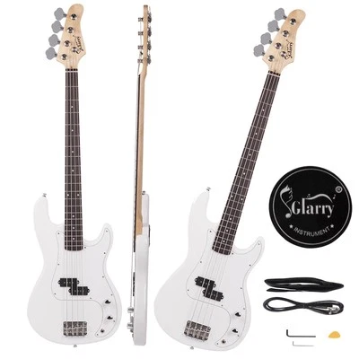 GLARRY Electric 4 String GP Bass Guitar W/ Bag Strap Cord Wrench Tool Full Set White