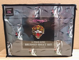 Ed Hardy Grey with Grim Reaper, Bats Print 6pc King Sheet Set with 4 Pillowcases - Picture 1 of 2