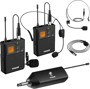 UHF Wireless Microphone System with Dual Headset Microphones/Lavalier Lapel Mics - Picture 1 of 9