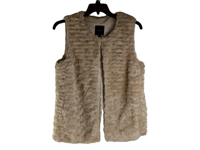 FOREVER 21 Womens Vest Beige Sleeveless Hook & Eye Faux Fur Round Neck Size L - Image 1 of 4