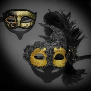 Couple's Masquerade Masks | Feather Masquerade Masks Black/Gold - Picture 1 of 4