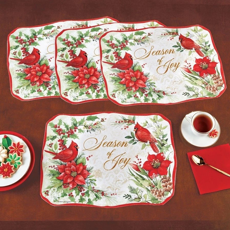 Juego de 4 manteles de mesa de poliéster cardenal de Navidad "Temporada de Alegría" Foto 1 de 1