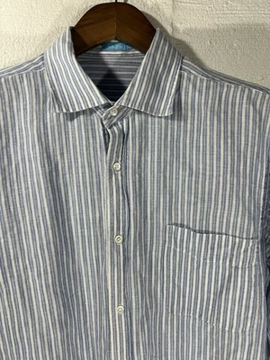 J. Mclaughlin Mens Large Long Sleeve Button Up Blue Striped Linen Shirt - Image 1 of 4