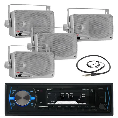 PLMRB29B Black Marine AUX AM FM Radio, Antenna,  Silver 3.5" 200W Box Speakers - Image 1 of 4