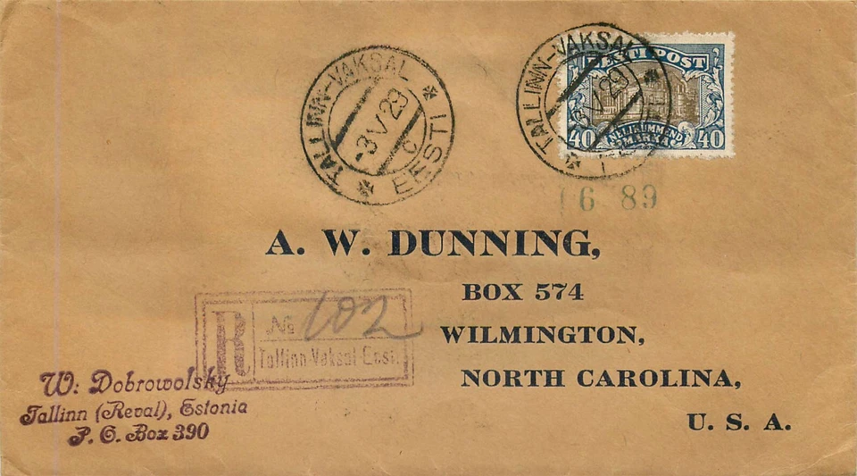 Estonia Eesti, 1929, Foreign Registered Cover Tallin to USA wax seal Very Scarce - Image 1 of 2