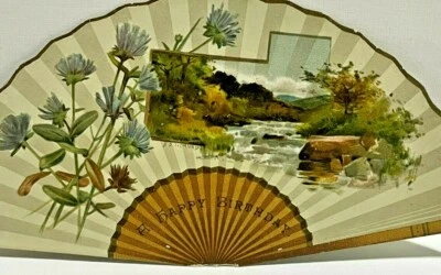 c.1880s Beautiful Die-Cut Fan Birthday B.D. Sigmond Floral River Stream - Image 1 of 3