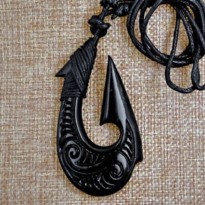 Large Scrimshaw Maori Fish Hook Pendant Necklace Hand Carving 3" Tall (HC-84) - Picture 1 of 4