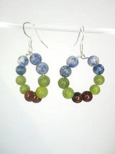 Blue Spot Jasper, China Jade and Mahogany Jasper Gemstone Beaded Hoop Earrings - Picture 1 of 5