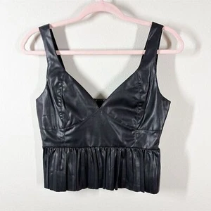 Zara Black Faux Leather Pleated Peplum Crop Top Size XS V-Neck Sleeveless Blouse - Picture 1 of 9