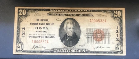Fonda New York, National Mohawk River Bank, $20 1929 T-1 , Scarce series Cover