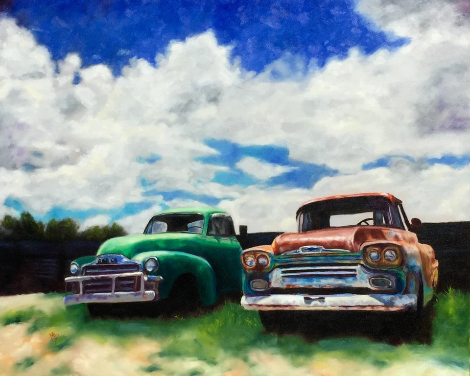 Pintura Marfa Texas. Camionetas Chevy GMC antiguas, lona al óleo original bellas artes Foto 1 de 1