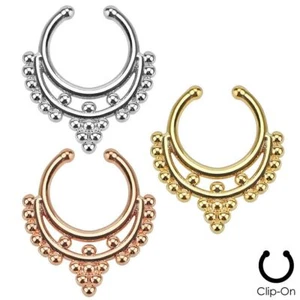 Clip On Fake Septum Clicker Non Piercing Nose Ring Hoop Rose Gold Silver Beaded - Picture 1 of 4