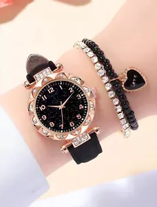 2 Pieces Women Girls Watch Fashion Leather Strap Wristwatch with Gift Box - Picture 1 of 6