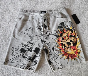 ED HARDY Men's Large Death or Glory Skulls Tattoo Gray Fleece Shorts Raw Hem - Picture 1 of 16
