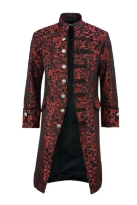 Renaissance Men's Red Brocade Goth Steampunk Victorian Velvet Frock Coat - Image 1 of 4