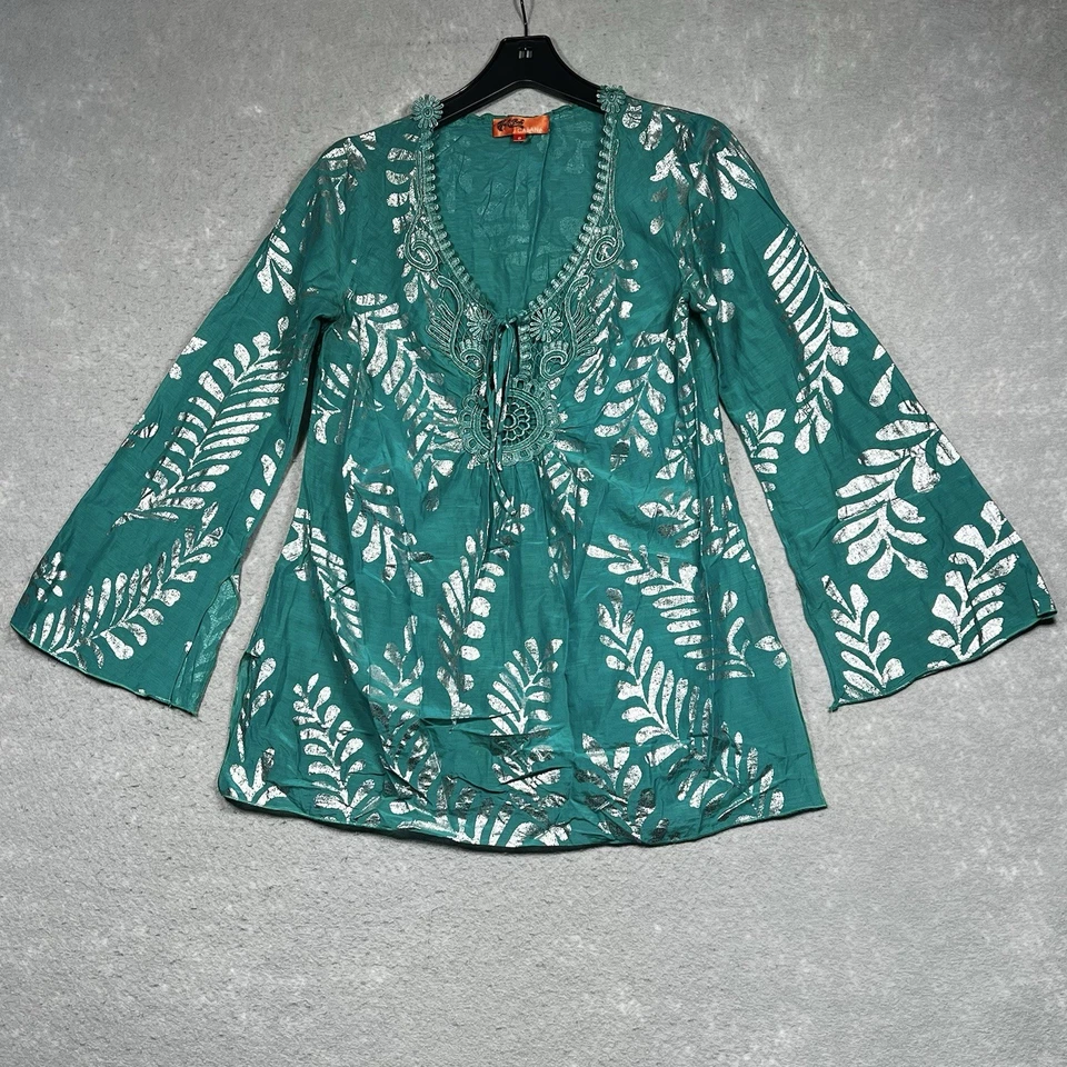 Túnica de playa Hale Bob Top para mujer pequeña mezcla de seda verde azulado hoja dorada metálica cabaña Foto 1 de 4